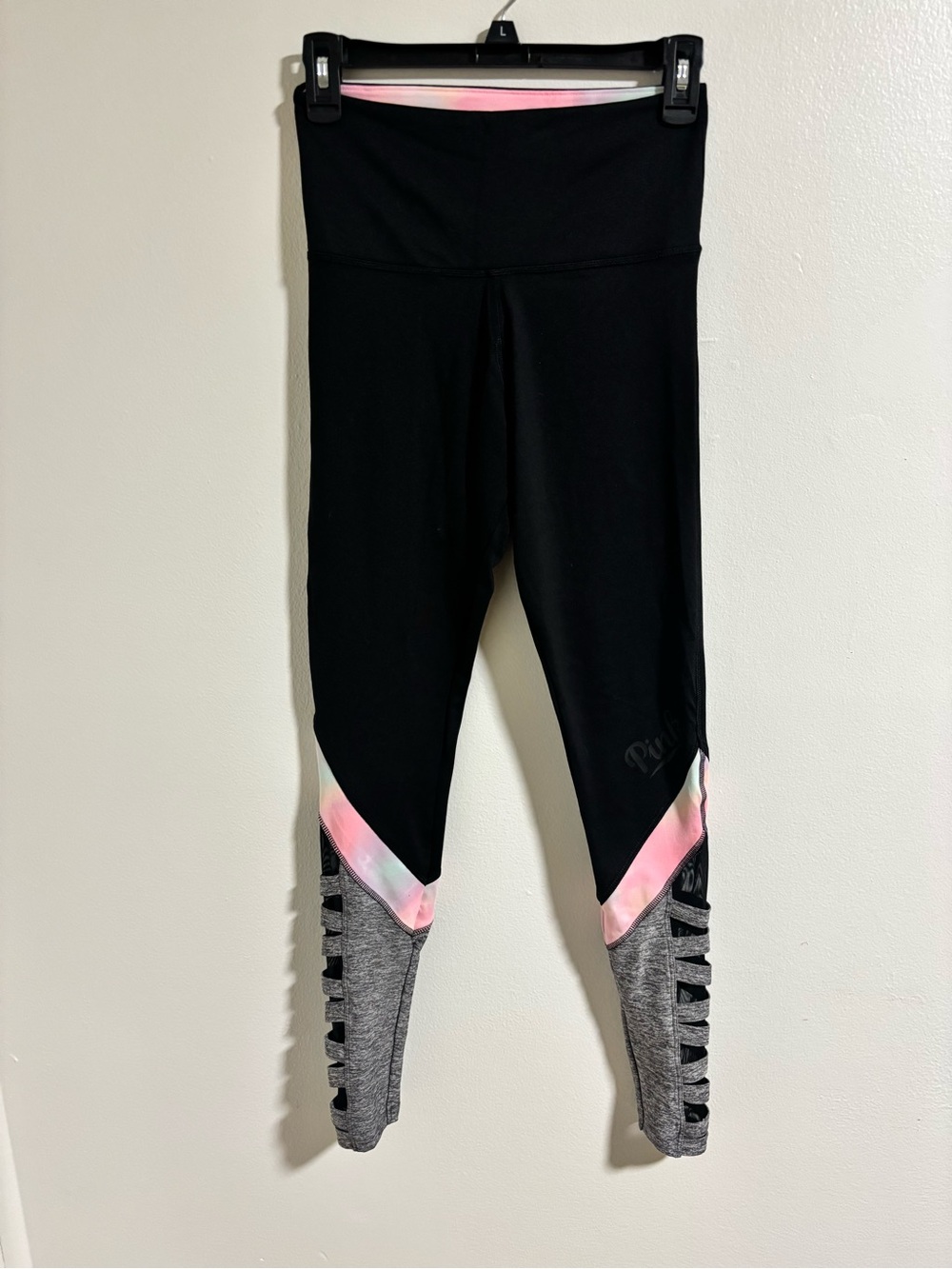 PINK Victoria's Secret Black Leggings with Pink Accent and Gray Panels